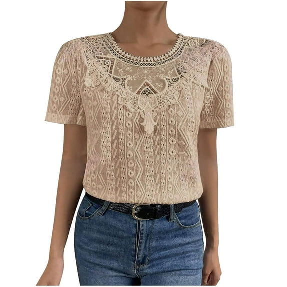Womens Crew Neck T Shirts Short Sleeve Lace Shirts for Women Fashion Summer Solid Color Casual Loose Tops (Khaki XL)