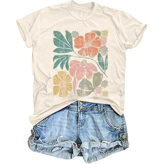 Womens Crew Neck T Shirts Vintage Cute Boho Flowers Short Sleeve Wildflower Tops