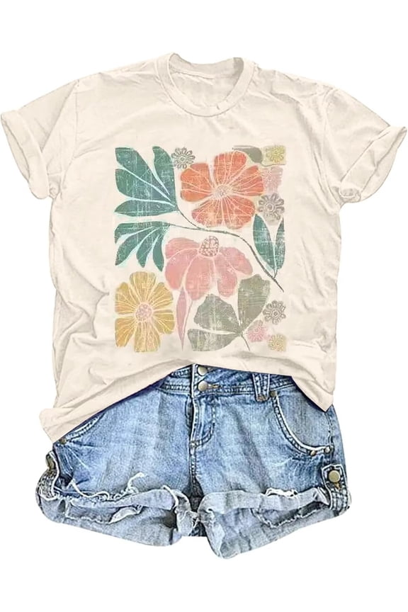 Womens Crew Neck T Shirts Vintage Cute Boho Flowers Short Sleeve Wildflower Tops