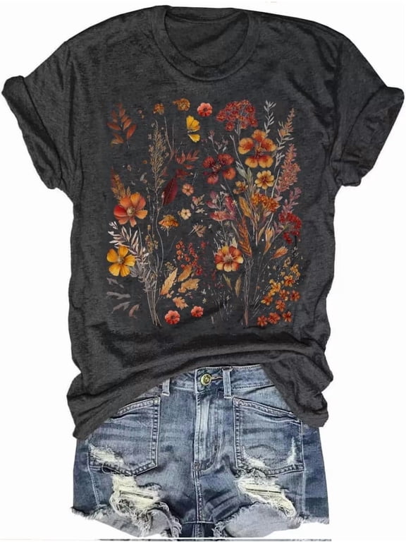 Womens Crew Neck T Shirts Vintage Cute Boho Flowers Short Sleeve Wildflower Tops