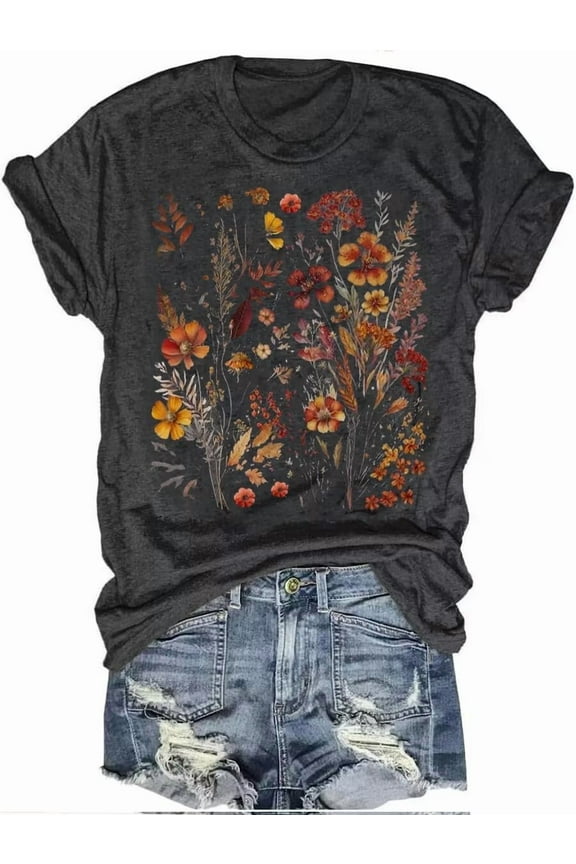 Womens Crew Neck T Shirts Vintage Cute Boho Flowers Short Sleeve Wildflower Tops