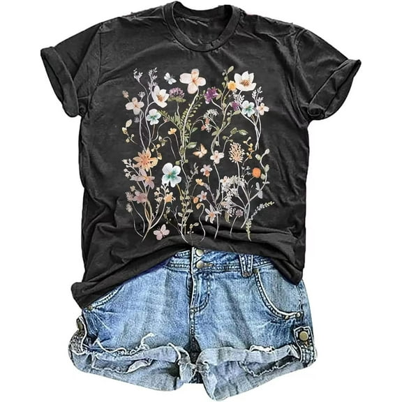 Womens Crew Neck T Shirts Vintage Cute Boho Flowers Short Sleeve Wildflower Tops