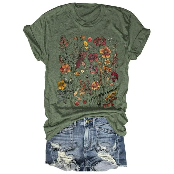 Womens Crew Neck T Shirts Vintage Cute Boho Flowers Short Sleeve Wildflower Tops
