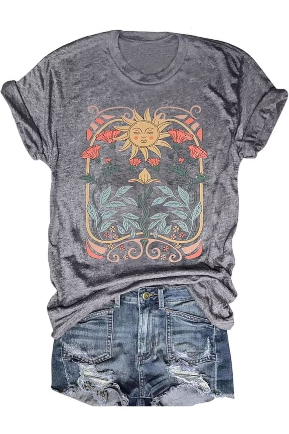 Womens Crew Neck T Shirts Vintage Cute Boho Flowers Short Sleeve Wildflower Tops