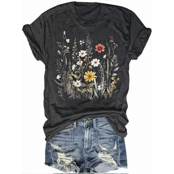Womens Crew Neck T Shirts Vintage Cute Boho Flowers Short Sleeve Wildflower Tops