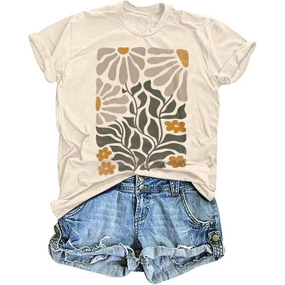 Womens Crew Neck T Shirts Vintage Cute Boho Flowers Short Sleeve Wildflower Tops