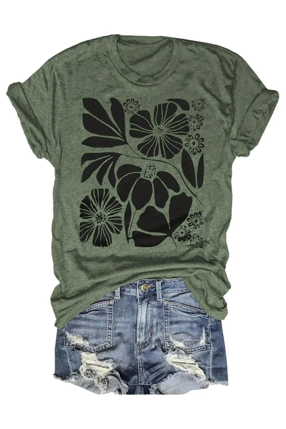 Womens Crew Neck T Shirts Vintage Cute Boho Flowers Short Sleeve Wildflower Tops