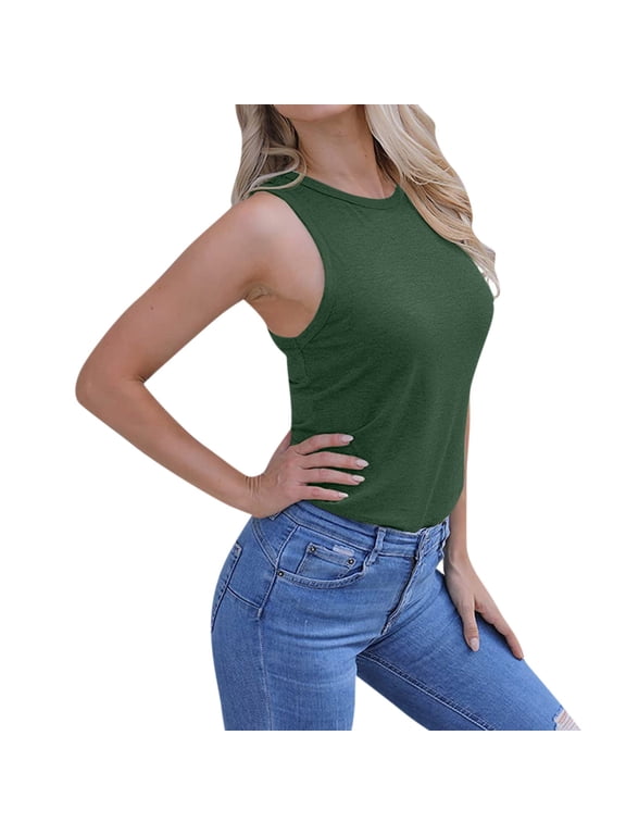 Womens Crew Neck Tank Top Heathered Solid Sleeveless Summer Basic Cami Vest Top Lightweight Soft Shell Tee L