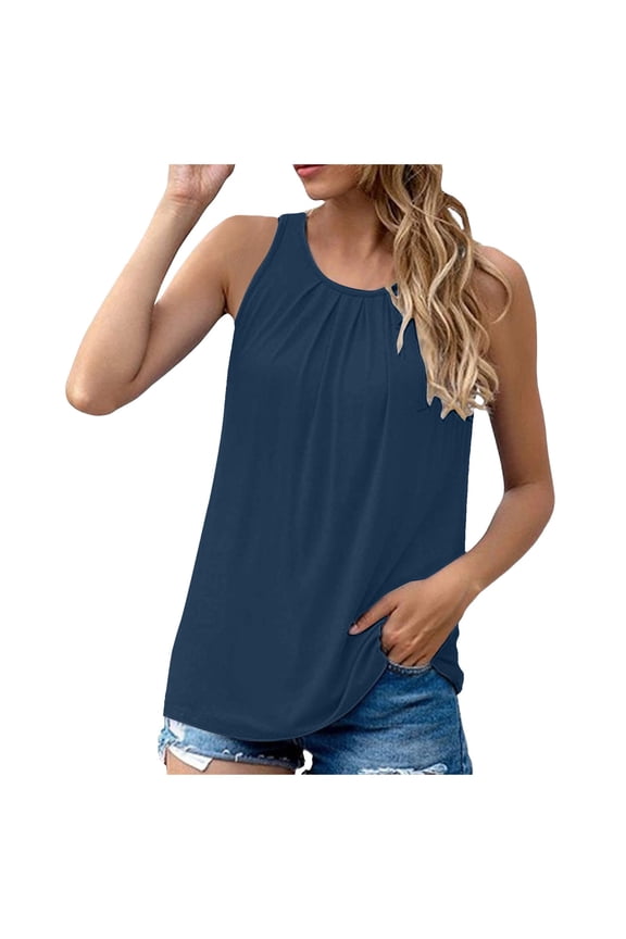 Womens Crew Neck Tank Top Pleated Loose Fit Sleeveless Summer Casual Blouse Shirt Back Closure Vest Shell Top XL