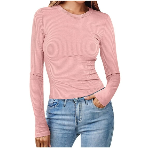 Womens Crew Neck Tops Long Sleeve T Shirt Slim Fitted Plain Tees Knitted Stripe Tee Y2K Going Out Shirt Basic Classic Clothings Summer