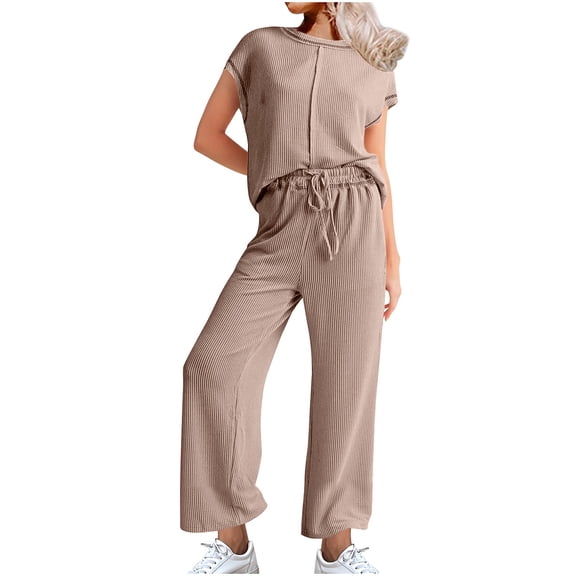 Womens Crew Neck Two Piece Pants Sets Striped Short Sleeve Top Drawstring Elastic Waist Wide Leg Pants Summer Casual Outfit Sets