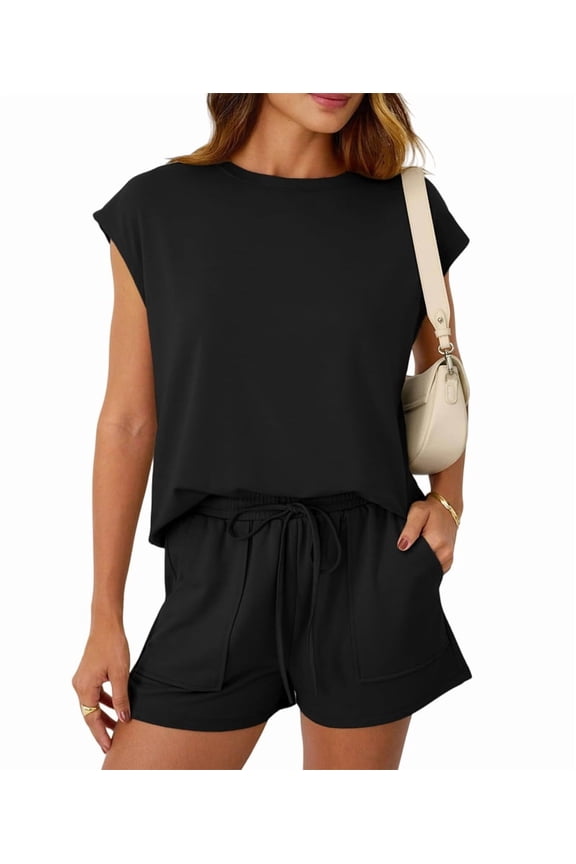 Womens Crew Neck Two Piece Short Sets Cap Sleeve Drawstring Summer Sweatsuit with Pocket Black XL