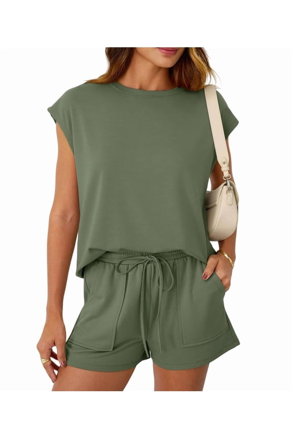 Womens Crew Neck Two Piece Short Sets Cap Sleeve Drawstring Summer Sweatsuit with Pocket Green M