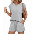thumbnail image 1 of Womens Crew Neck Two Piece Short Sets Cap Sleeve Drawstring Summer Sweatsuit with Pocket Light Gray M, 1 of 9