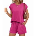 thumbnail image 1 of Womens Crew Neck Two Piece Short Sets Cap Sleeve Drawstring Summer Sweatsuit with Pocket Rose Red L, 1 of 9