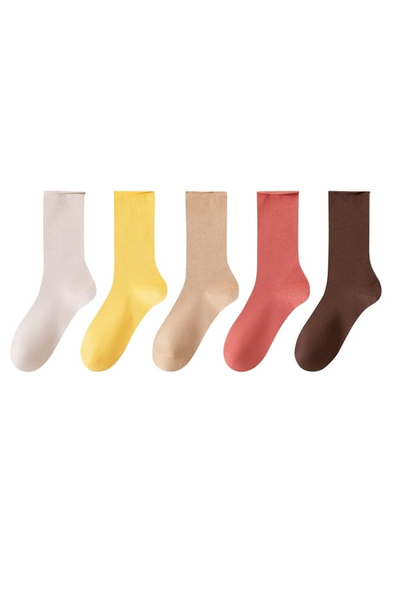 Womens Crew Socks 5 Pair Cotton Seamless Basic Mid Calf Socks Breathable Warm Bulk Ladies Socks Candy Color, Gray/Yellow/Khaki/Watermelon Red/Coffee