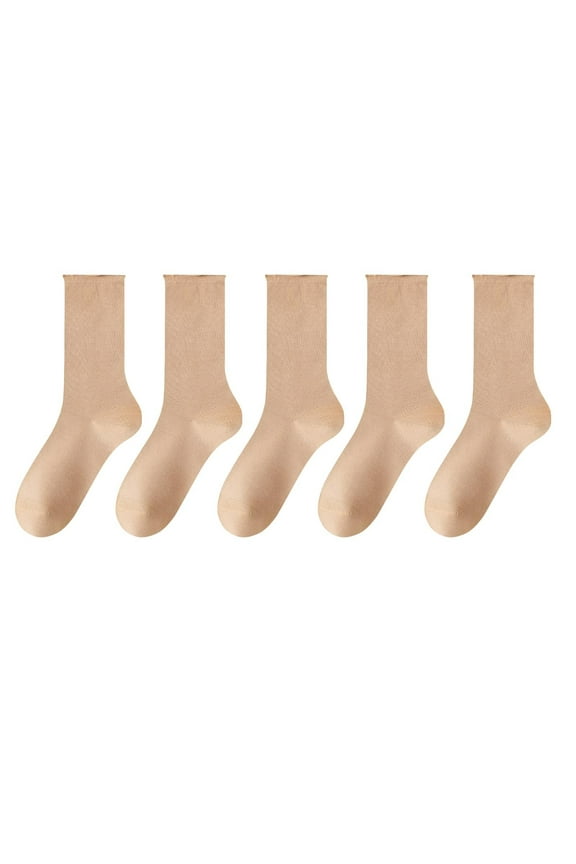 Womens Crew Socks 5 Pair Cotton Seamless Basic Mid Calf Socks Breathable Warm Bulk Ladies Socks Candy Color Khaki