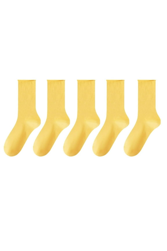 Womens Crew Socks 5 Pair Cotton Seamless Basic Mid Calf Socks Breathable Warm Bulk Ladies Socks Candy Color Yellow