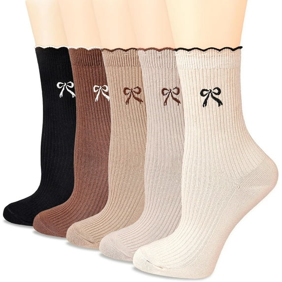 Womens Crew Socks Ankle Ruffle Socks Fashion Cotton Dress Sock Cute Embroidery Casual Socks 5Pack