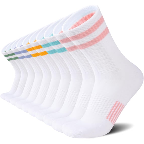 Womens Crew Socks Athletic Running Casual Cushioned Striped Calf Sock for Women 5 Pairs
