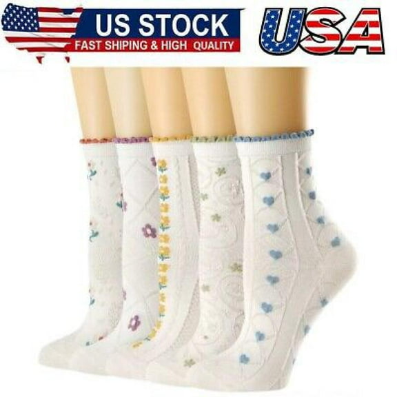 Womens Crew Socks Casual Cotton Cute Socks Fun Novelty Girl Floral Ankle Socks 5