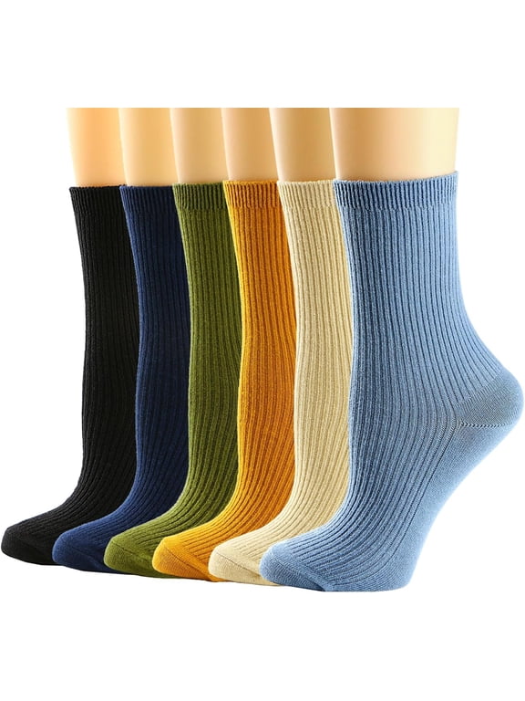 Womens Crew Socks, Casual Knit Cotton Comfy Breathable Cool Dress Socks for Girls 6Pairs
