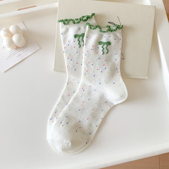 VONCOS Womens Crew Socks Green Ruffle Trim & Bow Embroidery, Speckled Confetti Pattern Everyday Socks, Soft Nylon Spandex