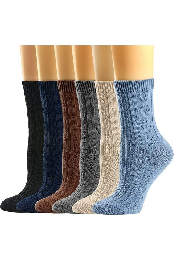 Womens Crew Socks,Size 9-11,Casual Knit Cotton Comfy Breathable Cool Dress Socks for Girls 6 Pack (blue+white+grey+coffee+dark Blue+black)