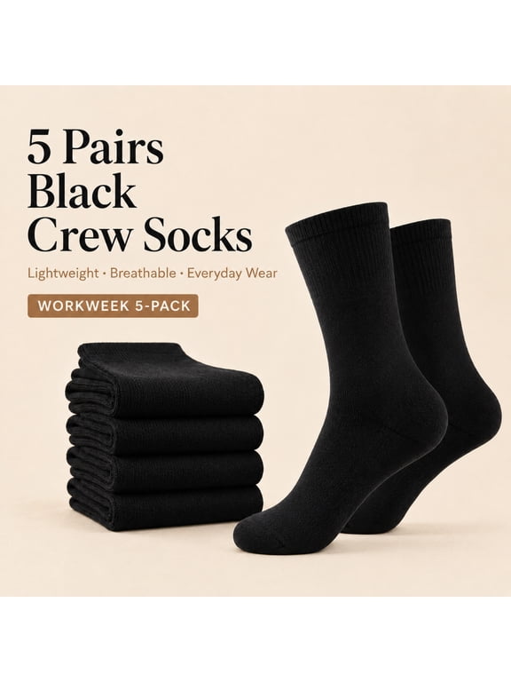Womens Lightweight Black Crew Socks, Thin Breathable Mid Calf Socks, 5 Pairs