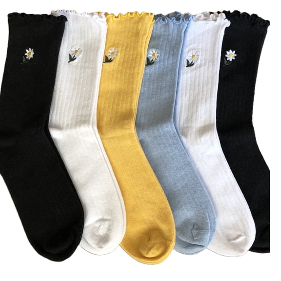 H & B Women's Crew Ruffle Socks, Solid Color Daisy Cotton, 6 Pack