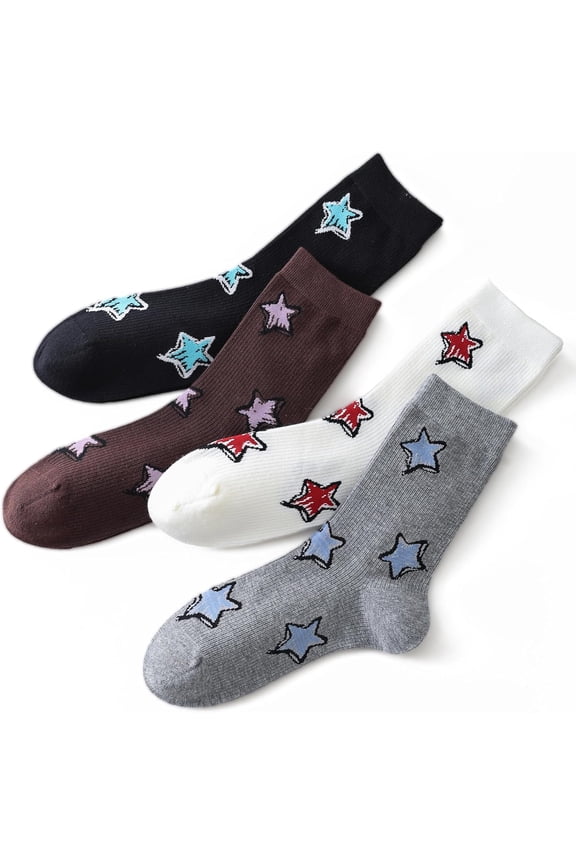 Womens Crew Socks over Dress Cute Star Pattern Cotton White Black Fashion Socks 8pack (Size5-9)