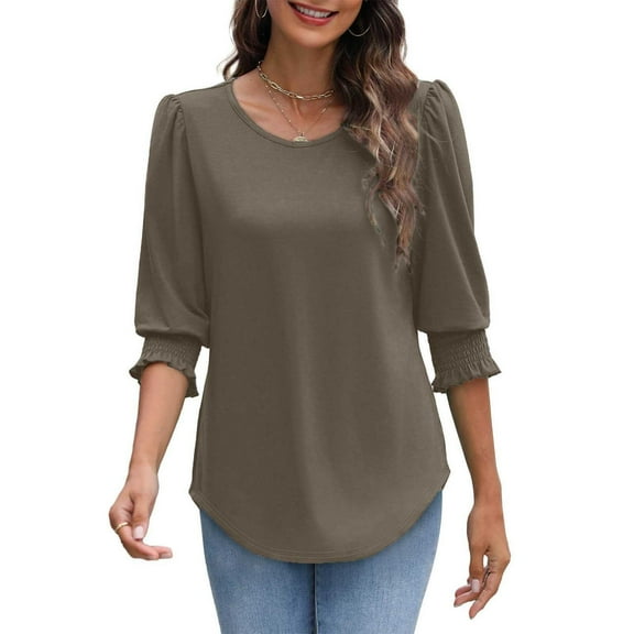 Womens Crewneck 3/4 Length Sleeve Blouses, Trendy Fashion Tunic Tops, Dressy Casual Womens Tops with Cuffs,