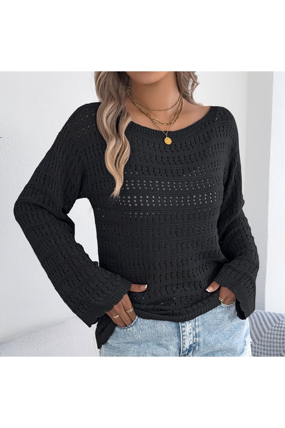 Womens Crewneck Crochet Long Sleeve Hollow Out Knit Pullover Tops (Black S)