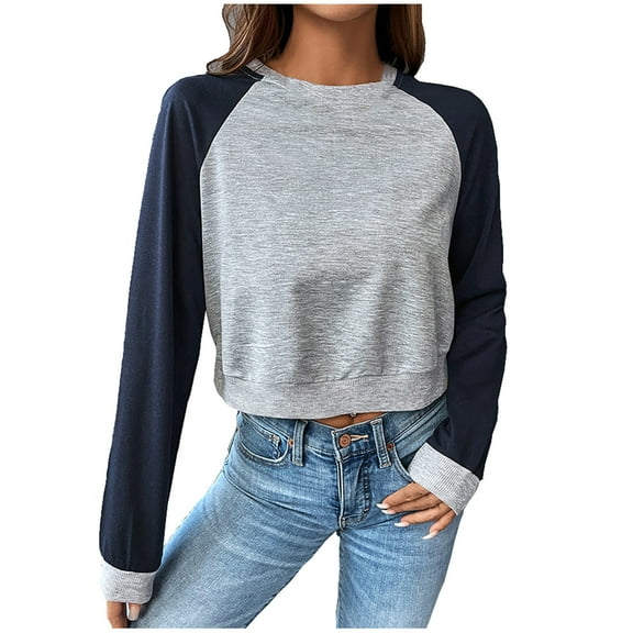 Womens Crewneck Crop Sweatshirt Raglan Long Sleeve Colorblock Tops Pullover Loose Cozy Casual Fall Clothes (S, Gray)