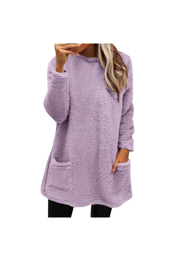 Womens Crewneck Fleece Lined Sweatshirts Sherpa Fuzzy Sweater Long Sleeve Cute Tops Pullover Warm Winter Trendy Clothing Winter Warm Sweater Light Purple XL