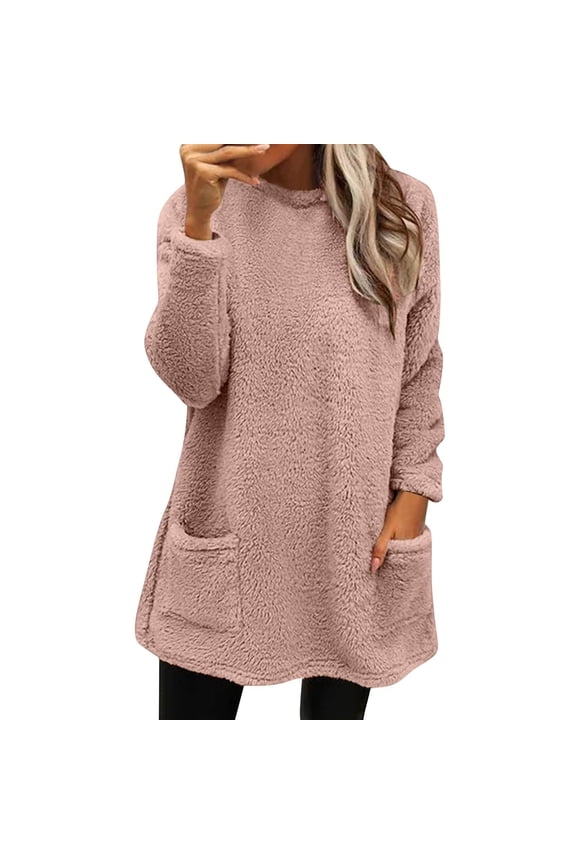 Womens Crewneck Fleece Lined Sweatshirts Sherpa Fuzzy Sweater Long Sleeve Cute Tops Pullover Warm Winter Trendy Clothing Winter Warm Sweater Pink XL