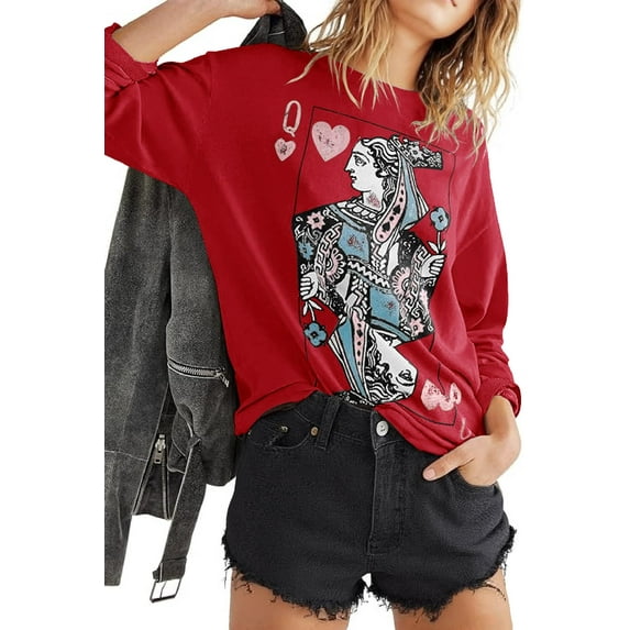 Womens Crewneck Graphic Sweatshirts Queen Of Hearts Long Sleeve Shirts Cute Loose Fit Casual Pullover Tops