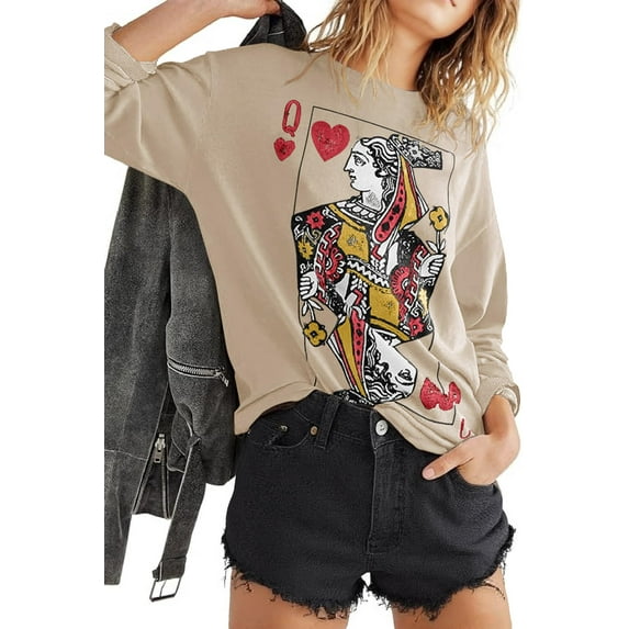 Womens Crewneck Graphic Sweatshirts Queen Of Hearts Long Sleeve Shirts Cute Loose Fit Casual Pullover Tops