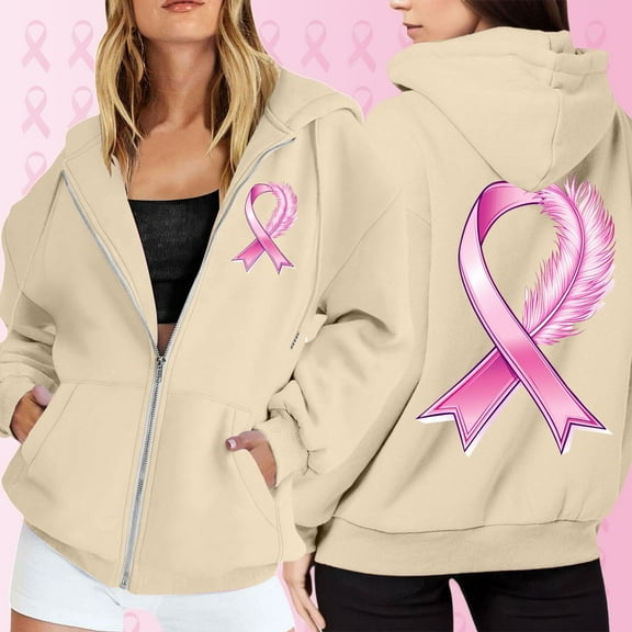 Womens Crewneck Hooded Sweatshirt Pink Ribbon Printed Long Sleeve Cancer Jackets with Zipper Fall Casual Comfy Y2K Tops 2025 Winter Hoodies with Pocket