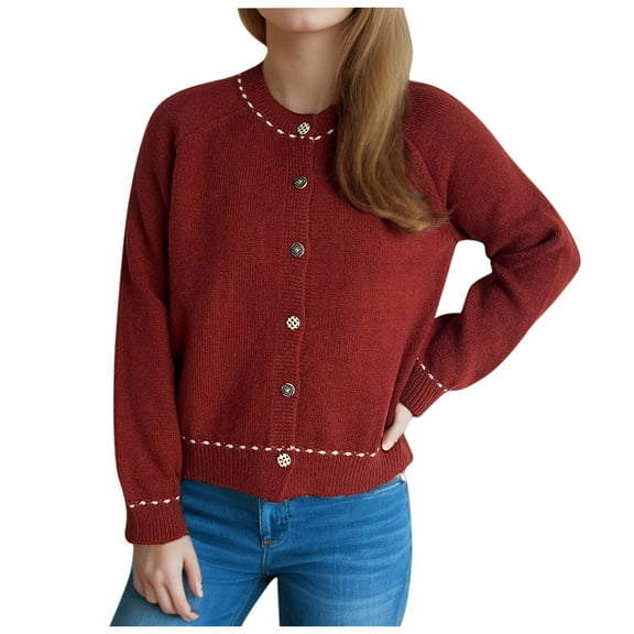 Womens Crewneck Knit Shirts Casual Cardigans Sweaters Classic Button Open Front Long Sleeve Jackets