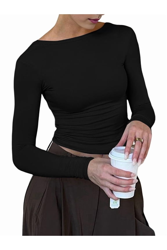 Womens Crewneck Long Sleeve Shirt Double Lined Basic Tees Side Ruched Going Out Crop Tops Black S