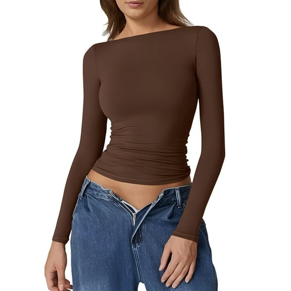 Womens Crewneck Long Sleeve Shirt Double Lined Basic Tees Side Ruched Going Out Crop Tops Brown XS