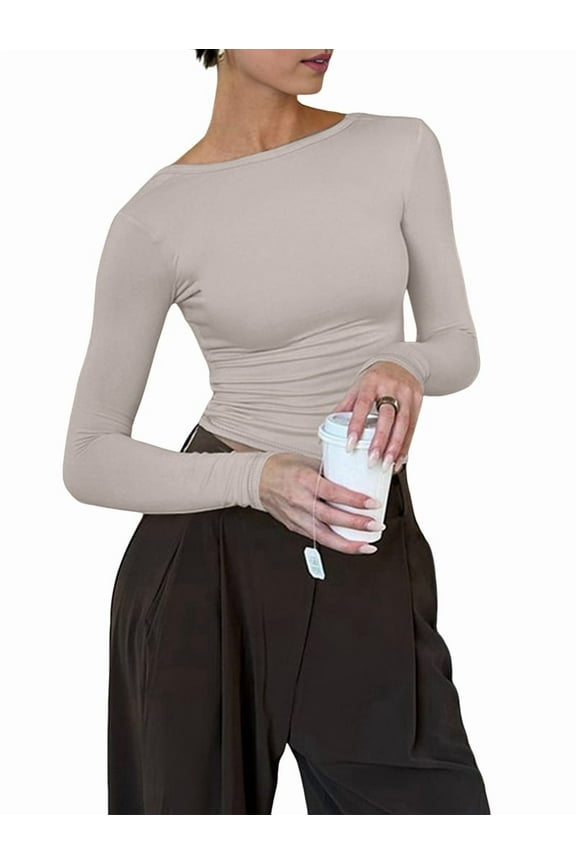 Womens Crewneck Long Sleeve Shirt Double Lined Basic Tees Side Ruched Going Out Crop Tops Gray S