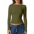 thumbnail image 1 of Womens Crewneck Long Sleeve Shirt Double Lined Basic Tees Side Ruched Going Out Crop Tops  Green XS, 1 of 4