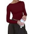 thumbnail image 1 of Womens Crewneck Long Sleeve Shirt Double Lined Basic Tees Side Ruched Going Out Crop Tops Wine Red L, 1 of 7