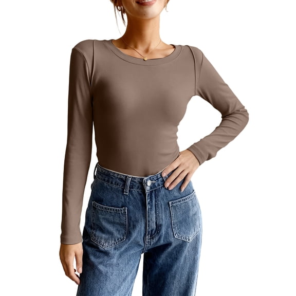 Womens' Crewneck Long Sleeve Slim Fitted Casual Top T-Shirts Stretchy Basic Shirt Coffee L