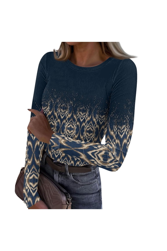 Womens Crewneck Long Sleeve T-Shirts Ribbed Knit Casual Tops Tee Slim Fitted Rib Shirts