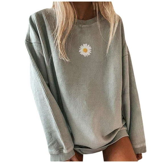 Womens Crewneck Oversized Corduroy Corded Daisy Graphic Sweatshirt Casual Long Sleeve Trendy Pullover Comfy Tops