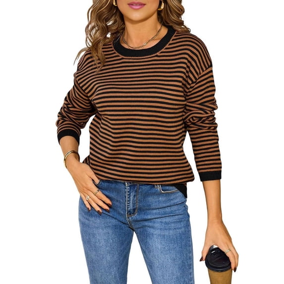Womens Crewneck Pullover Striped Sweaters Long Sleeve Casual Winter Tops Color Block Loose Fit Warm Clothes Black S