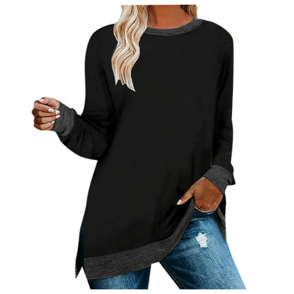 Womens Crewneck Pullovers Color Block Long Sleeve Side Split Sweatshirts Dressy Casual Fall Tunic Tops